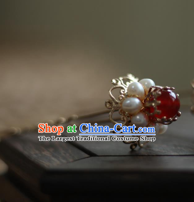 Chinese Handmade Golden Hair Stick Traditional Ming Dynasty Empress Red Bead Hairpin