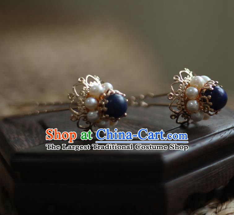 Chinese Handmade Pearls Hair Stick Traditional Ming Dynasty Princess Lapis Golden Hairpin