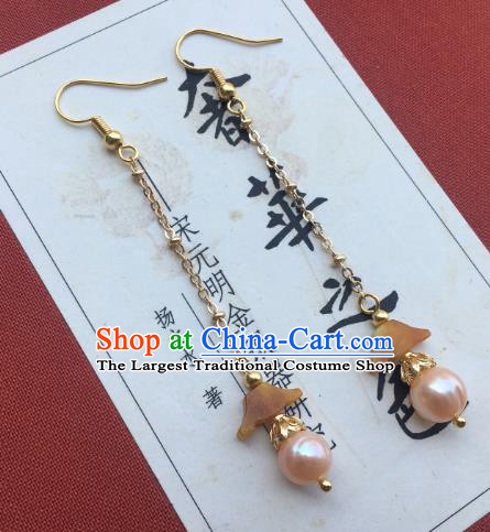 China Traditional Pearl Tassel Earrings Ancient Ming Dynasty Court Lady Ear Jewelry