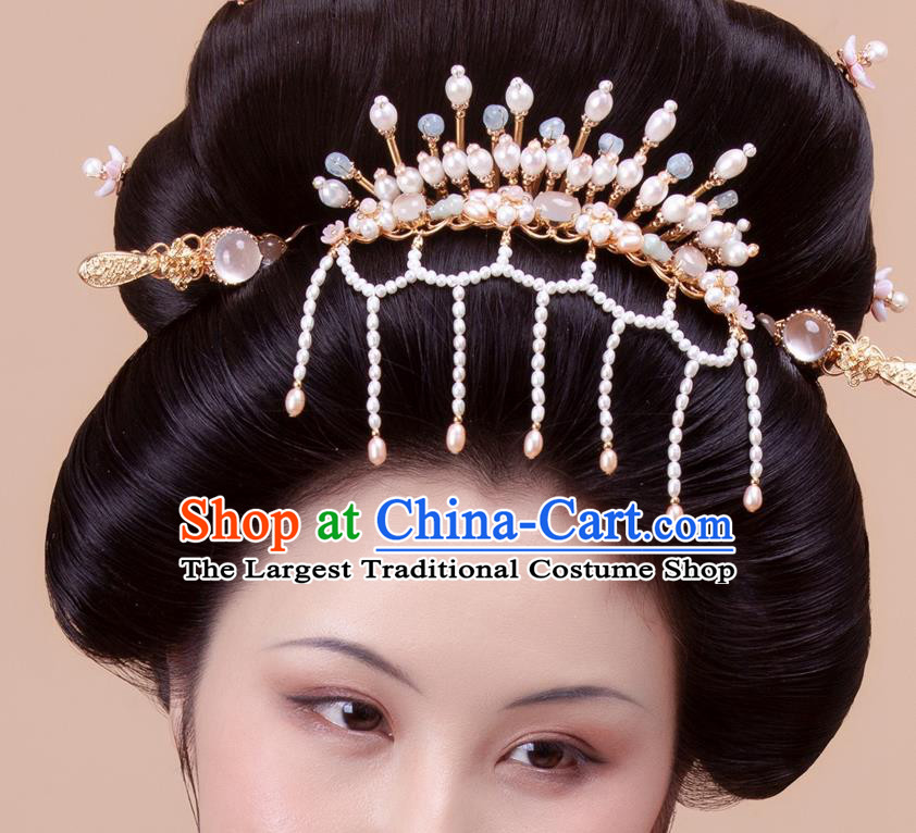 Chinese Handmade Golden Hairpin Traditional Tang Dynasty Empress Pearls Tassel Hair Comb