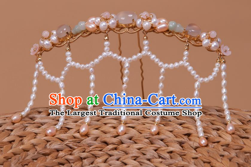 Chinese Handmade Golden Hairpin Traditional Tang Dynasty Empress Pearls Tassel Hair Comb