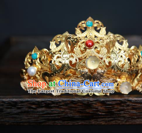 Chinese Handmade Gems Hairpin Traditional Ming Dynasty Empress Golden Hair Crown