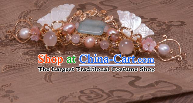 Chinese Handmade Pearls Hairpin Traditional Ming Dynasty Princess Shell Butterfly Hair Crown
