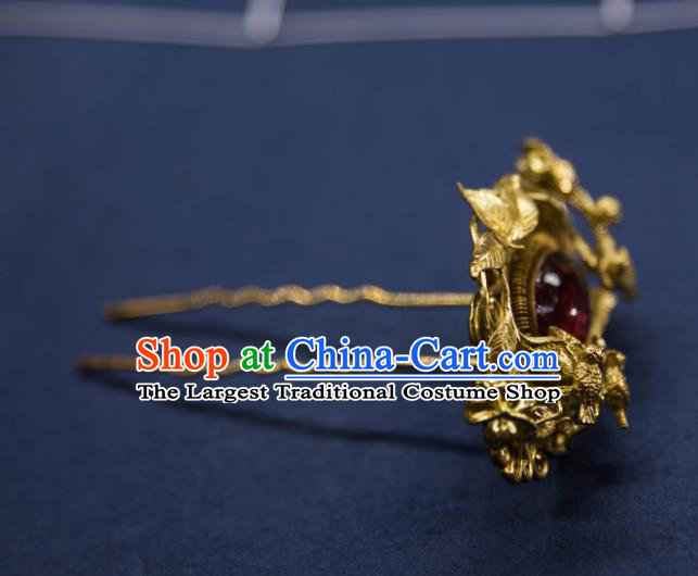 Chinese Handmade Golden Hairpin Traditional Ming Dynasty Princess Ruby Hair Stick