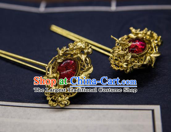 Chinese Handmade Golden Hairpin Traditional Ming Dynasty Princess Ruby Hair Stick