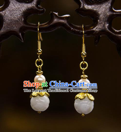 China Traditional Jade Carving Lotus Earrings Ancient Ming Dynasty Pearl Golden Ear Jewelry