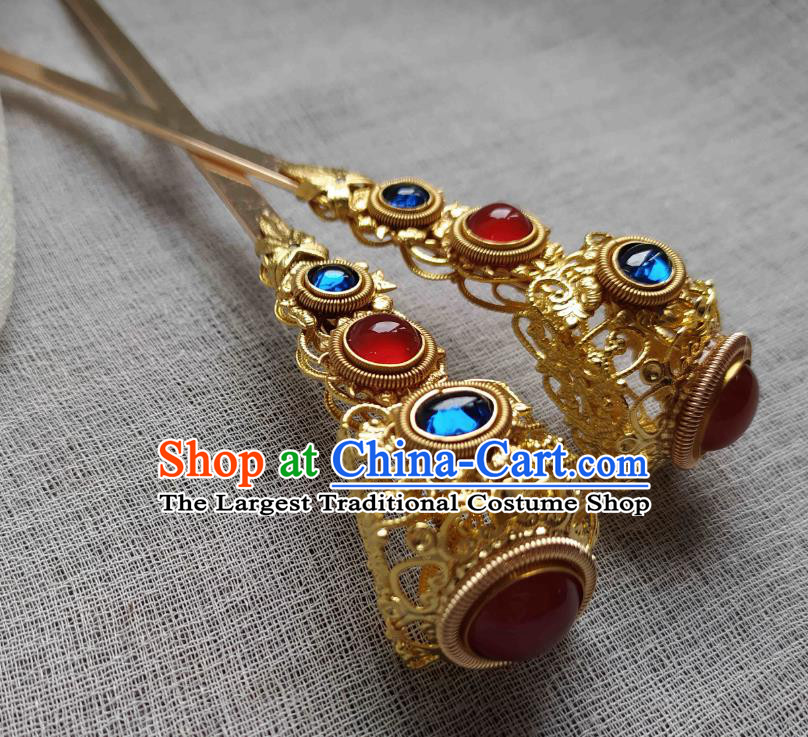 Chinese Handmade Ancient Gems Hairpin Traditional Ming Dynasty Empress Golden Hair Stick