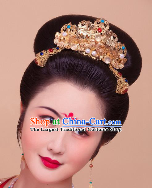 Chinese Handmade Ancient Gems Hairpin Traditional Ming Dynasty Empress Golden Hair Stick