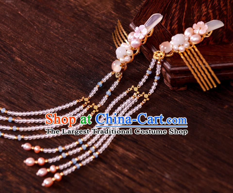 Chinese Handmade Beads Tassel Hair Comb Traditional Ming Dynasty Hanfu Hair Accessories Ancient Princess Golden Hairpin