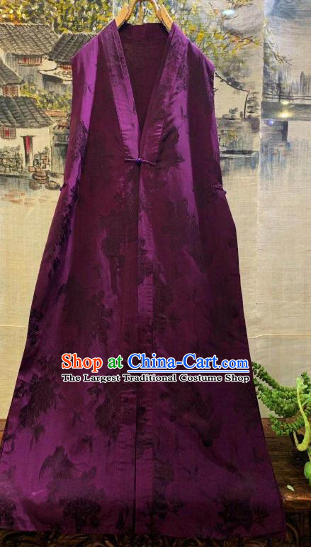 China National Clothing Embroidered Dragons Purple Silk Long Vest Tang Suit Waistcoat
