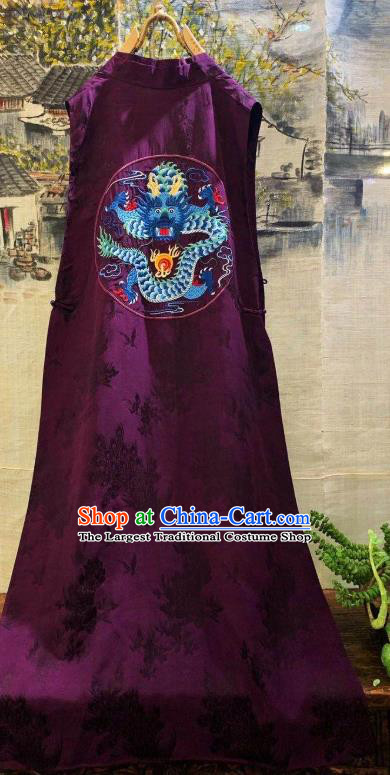 China National Clothing Embroidered Dragons Purple Silk Long Vest Tang Suit Waistcoat