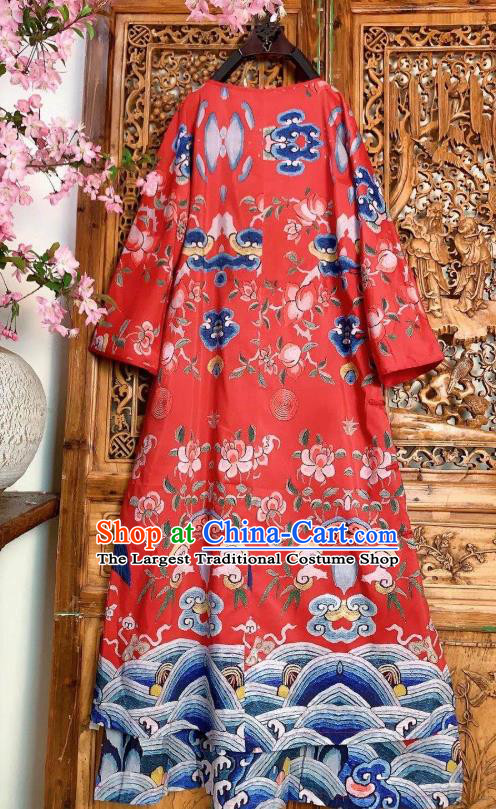 Chinese Traditional Printing Red Silk Cheongsam Clothing National Qipao Dress