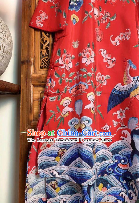 Chinese Traditional Printing Red Silk Cheongsam Clothing National Qipao Dress