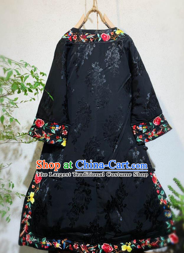 Chinese National Qipao Dress Traditional Embroidered Peony Black Silk Cheongsam Clothing