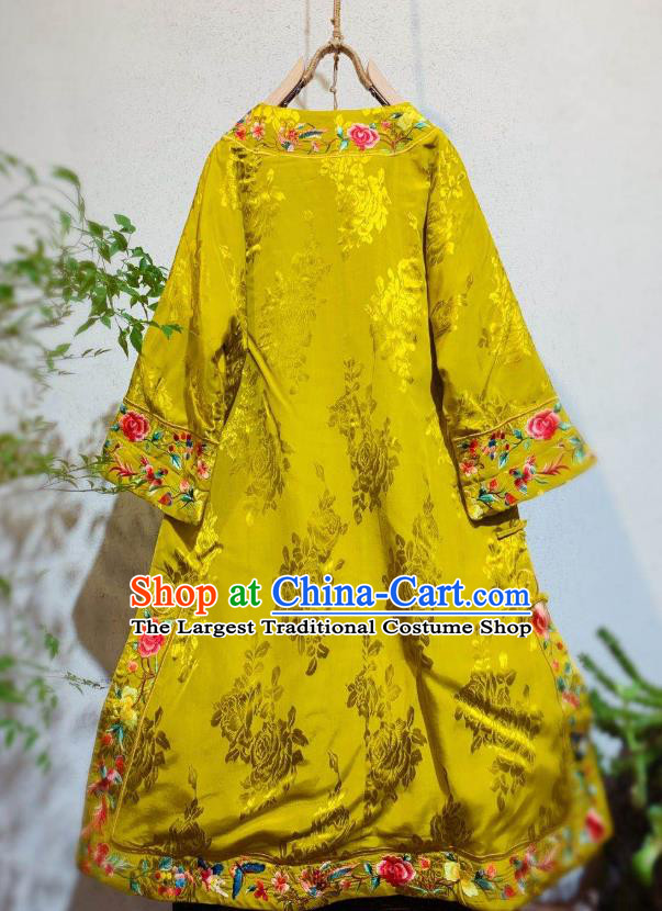 Chinese Traditional Qing Dynasty Embroidered Peony Cheongsam Clothing National Golden Silk Qipao Dress