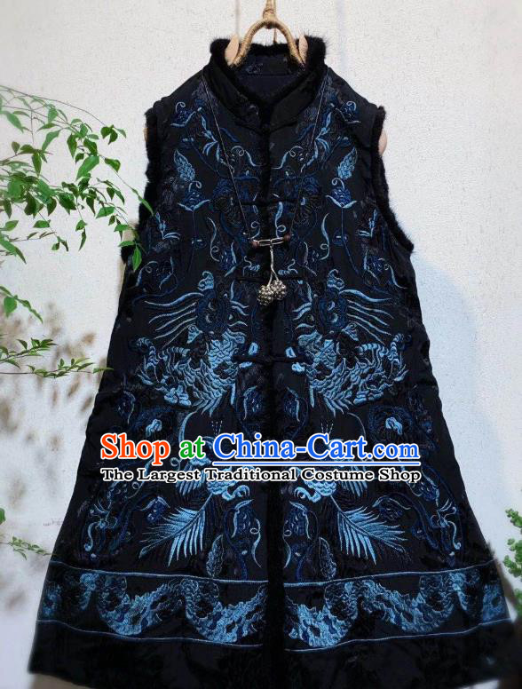 China Embroidered Black Silk Vest Tang Suit Waistcoat National Winter Clothing