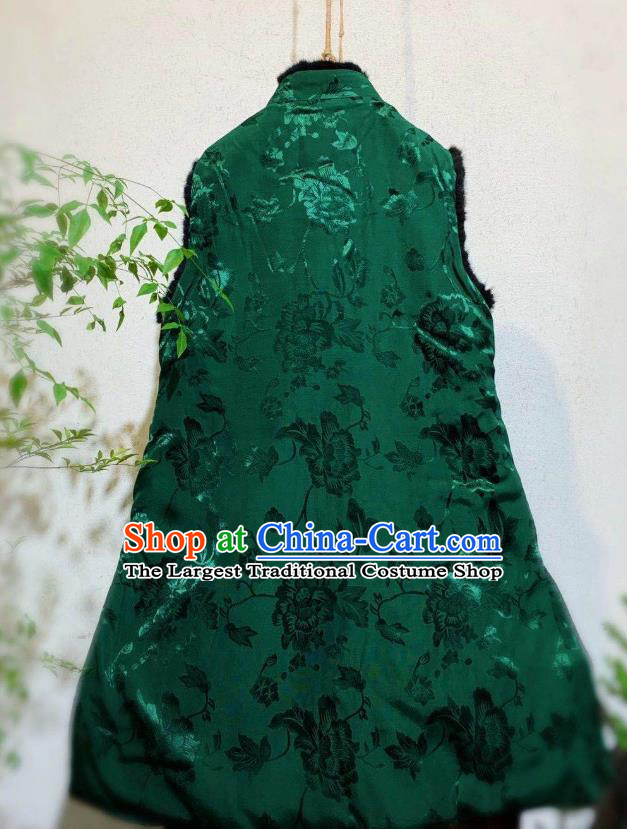 China National Winter Clothing Embroidered Green Silk Vest Tang Suit Waistcoat