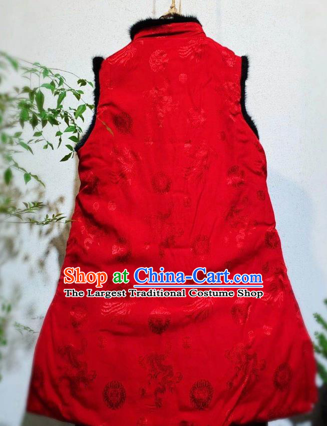 China National Winter Clothing Embroidered Red Silk Vest Tang Suit Cotton Padded Waistcoat