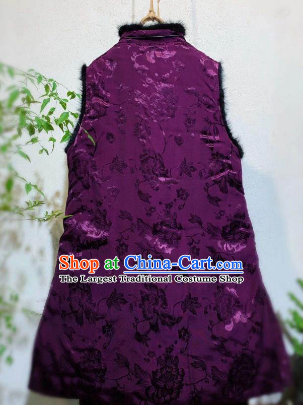 China Tang Suit Cotton Padded Waistcoat National Winter Clothing Embroidered Purple Silk Vest
