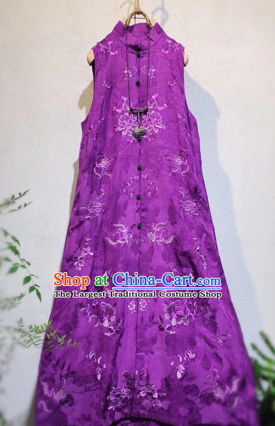 Chinese Purple Silk Qipao Dress Traditional Long Mandarin Cheongsam National Clothing