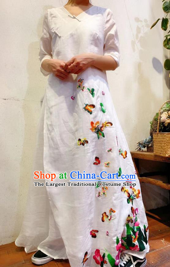 Chinese Embroidered Butterfly Qipao National White Flax Cheongsam Traditional Dress Clothing