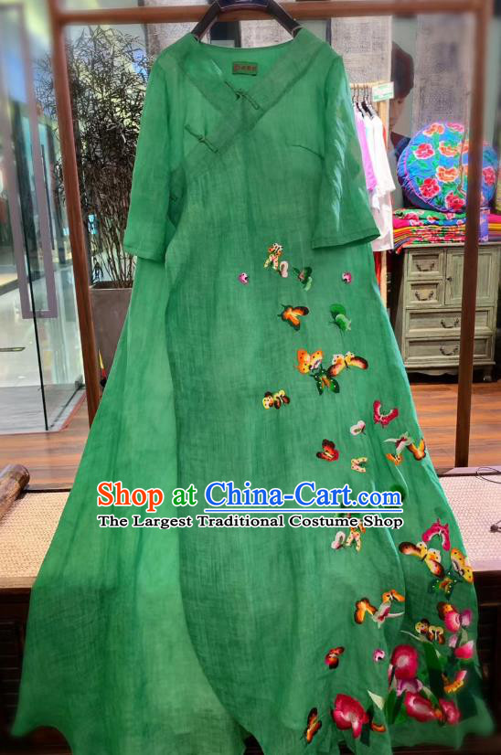 Chinese Traditional Dress Clothing Embroidered Butterfly Qipao National Green Flax Cheongsam