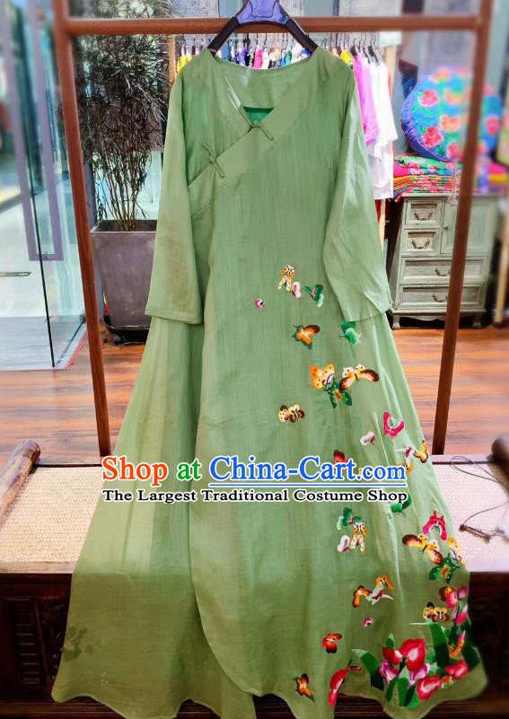 Chinese National Light Green Flax Cheongsam Clothing Traditional Embroidered Butterfly Qipao Dress