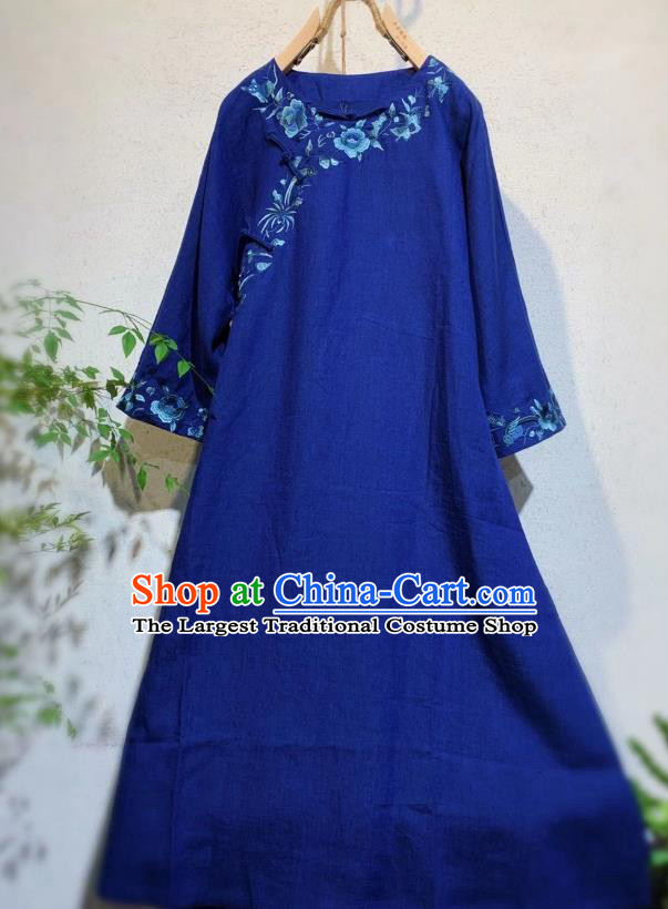 Chinese National Woman Clothing Embroidered Deep Blue Flax Qipao Dress Traditional Long Cheongsam