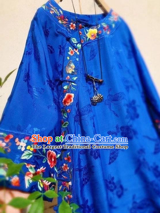 Chinese Mandarin Qipao Dress Traditional Royalblue Silk Cheongsam National Embroidered Clothing