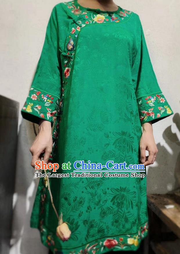 Chinese National Embroidered Clothing Mandarin Qipao Dress Traditional Green Silk Cheongsam