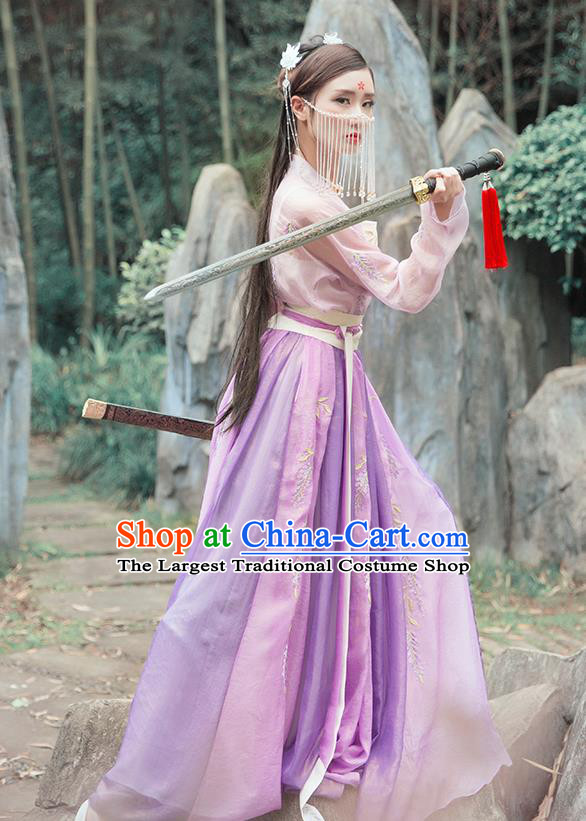 China Ancient Female Swordsman Hanfu Clothing Traditional Ming Dynasty Chivalrous Lady Purple Dress