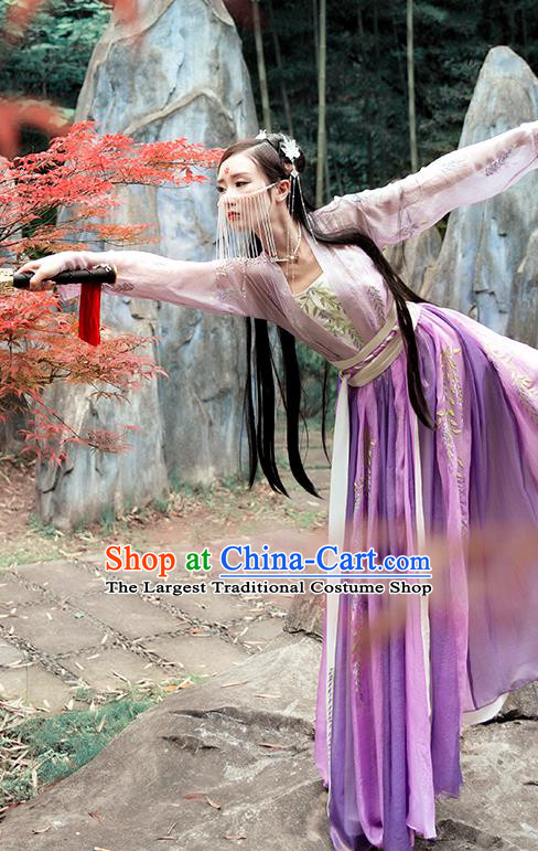 China Ancient Female Swordsman Hanfu Clothing Traditional Ming Dynasty Chivalrous Lady Purple Dress