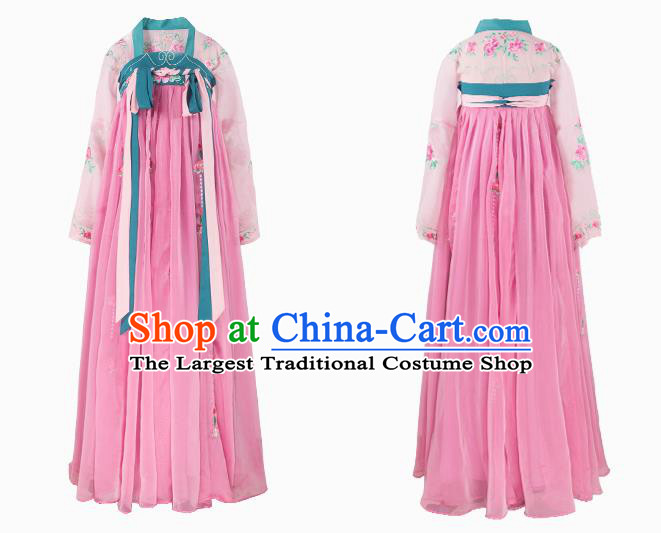 China Traditional Tang Dynasty Palace Lady Pink Hanfu Dress Ancient Young Beauty Costume