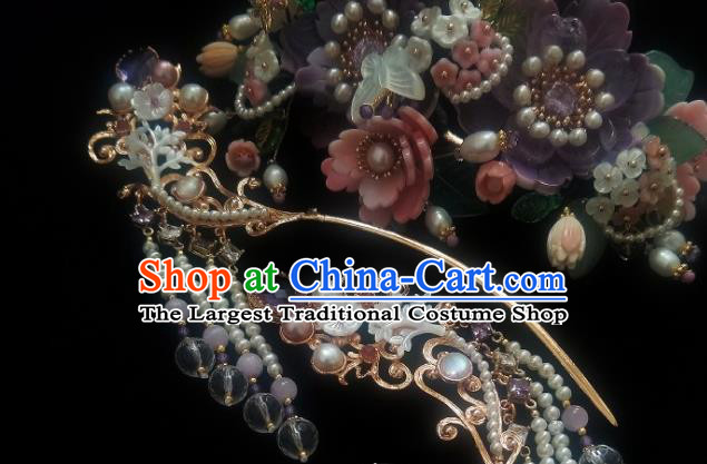 Chinese Handmade Ancient Princess Pearls Tassel Hairpin Traditional Ming Dynasty Zircon Hair Stick