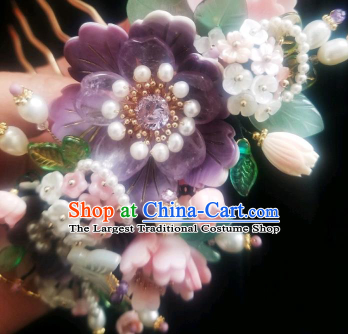Chinese Handmade Purple Peony Pearls Hairpin Traditional Ming Dynasty Shell Butterfly Hair Comb