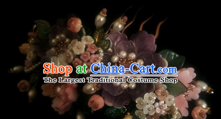 Chinese Handmade Purple Peony Pearls Hairpin Traditional Ming Dynasty Shell Butterfly Hair Comb