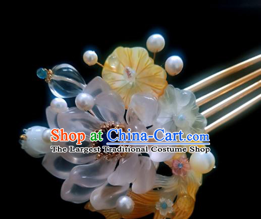 Chinese Handmade Shell Hairpin Traditional Ming Dynasty Lotus Goldfish Hair Comb