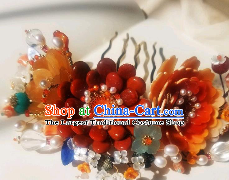 Chinese Handmade Pearls Hair Comb Traditional Ming Dynasty Princess Red Peony Hair Crown