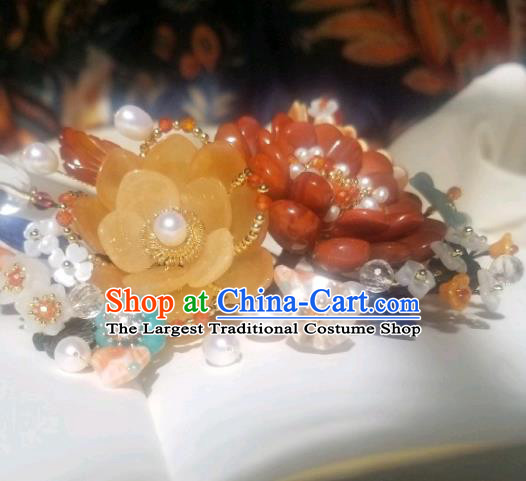 Chinese Handmade Pearls Hair Comb Traditional Ming Dynasty Princess Red Peony Hair Crown