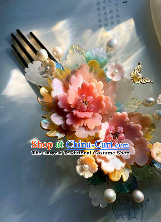 Chinese Handmade Shell Hair Stick Traditional Ming Dynasty Princess Pink Peony Hair Comb