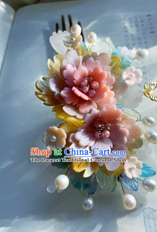 Chinese Handmade Shell Hair Stick Traditional Ming Dynasty Princess Pink Peony Hair Comb