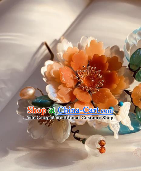 Chinese Handmade Shell Butterfly Hair Stick Traditional Ming Dynasty Princess Red Peony Hairpin