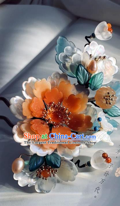 Chinese Handmade Shell Butterfly Hair Stick Traditional Ming Dynasty Princess Red Peony Hairpin