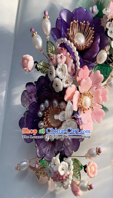 Chinese Handmade Purple Shell Peony Hair Stick Traditional Ming Dynasty Princess Pearls Butterfly Hairpin