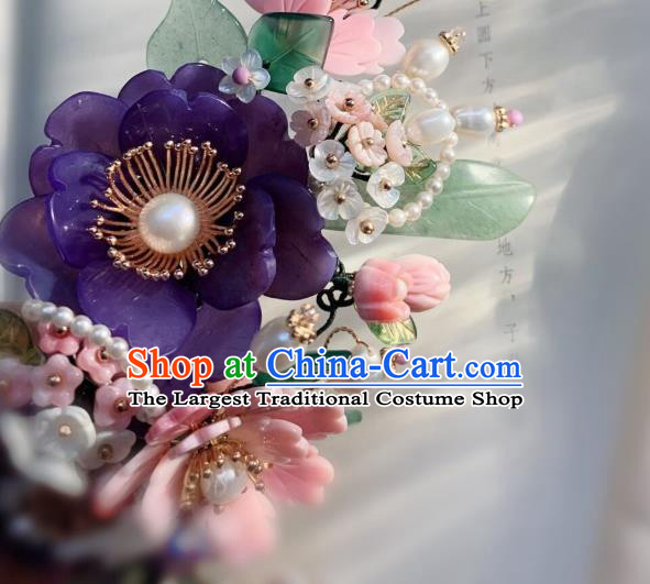 Chinese Handmade Purple Shell Peony Hair Stick Traditional Ming Dynasty Princess Pearls Butterfly Hairpin