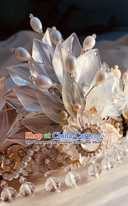 Chinese Handmade Shell Hairpin Traditional Ming Dynasty Princess Pearls Hair Crown