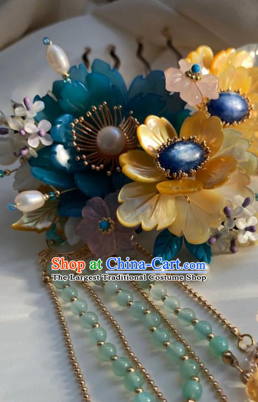 Chinese Handmade Lapis Pearls Hairpin Traditional Ming Dynasty Princess Shell Flowers Tassel Hair Comb