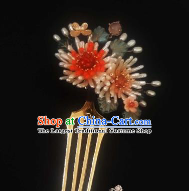 Chinese Handmade Pearls Chrysanthemum Hairpin Traditional Song Dynasty Empress Hair Comb