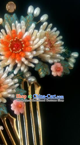 Chinese Handmade Pearls Chrysanthemum Hairpin Traditional Song Dynasty Empress Hair Comb