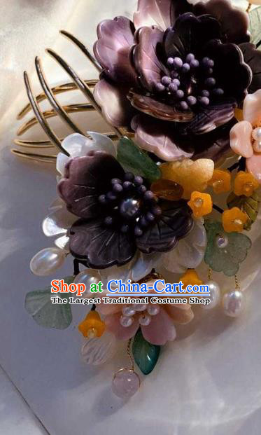 Chinese Handmade Shell Flowers Hair Stick Traditional Ming Dynasty Princess Purple Peony Hair Comb